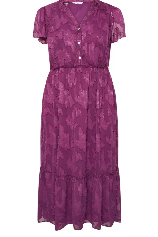 Yours London Curve Purple Burn Out Jacquard Ruffle Dress