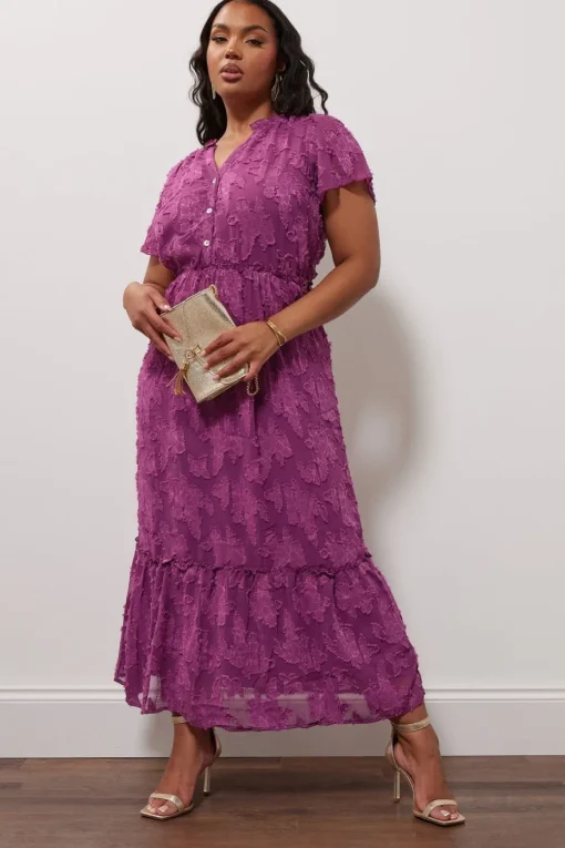 Yours London Curve Purple Burn Out Jacquard Ruffle Dress