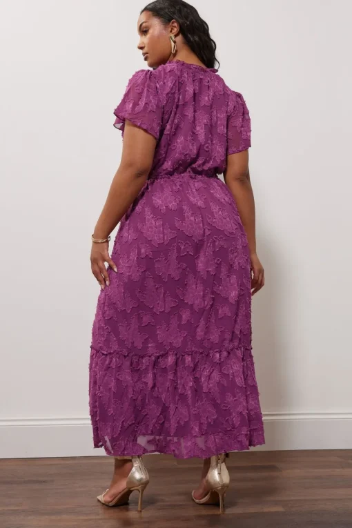 Yours London Curve Purple Burn Out Jacquard Ruffle Dress