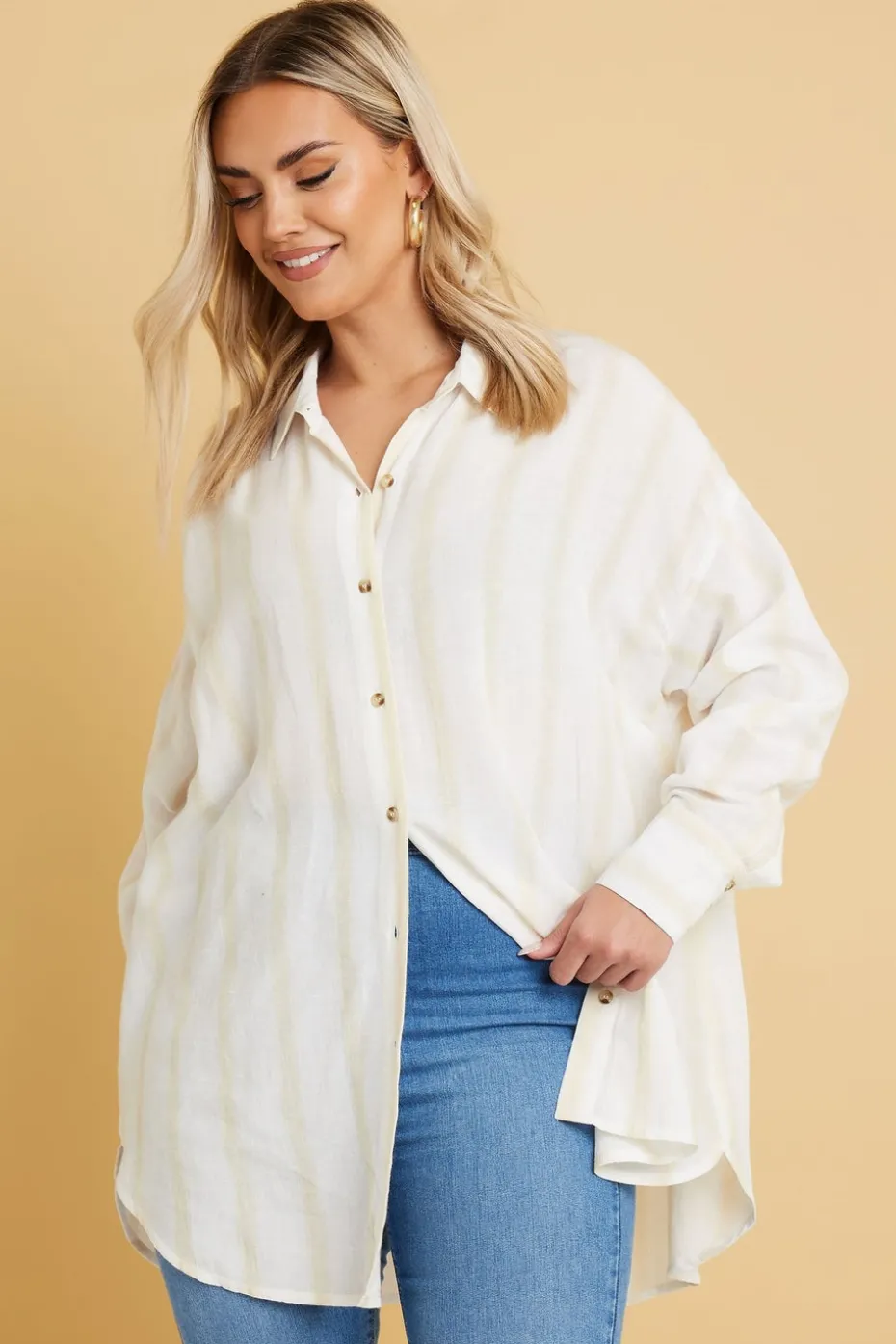 Yours Plus Size Natural Brown Stripe Linen Shirt Yours Curve
