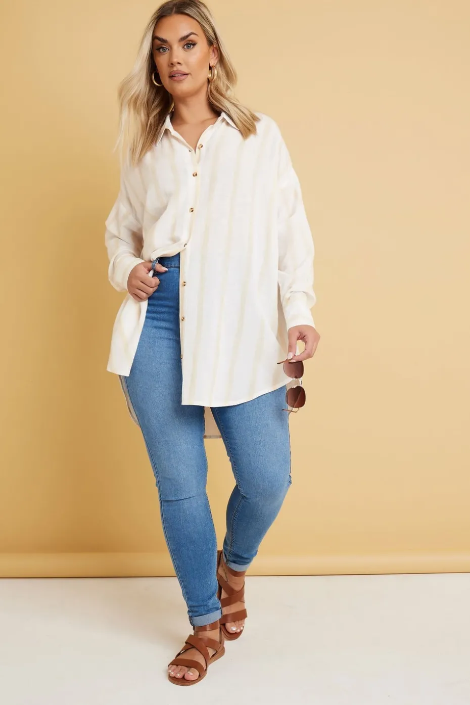 Yours Plus Size Natural Brown Stripe Linen Shirt Yours Curve