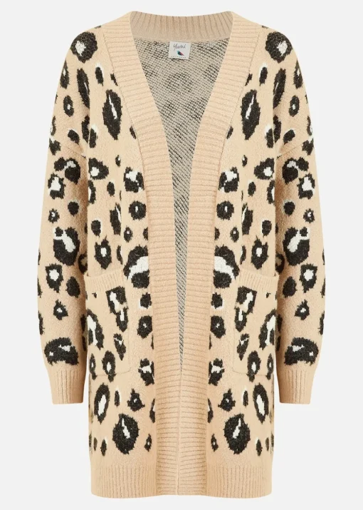 Yumi Beige Animal Print Intarsia Knit Long Cardigan