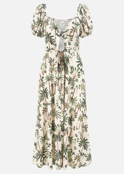 Yumi Beige Cotton Palm Print Ruched Midi Dress