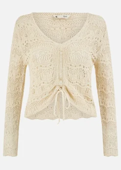 Yumi Beige Crochet Top With Front Ruching