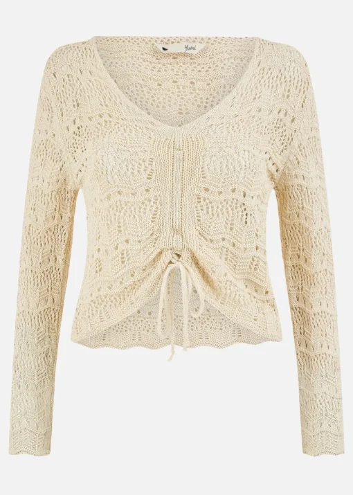 Yumi Beige Crochet Top With Front Ruching