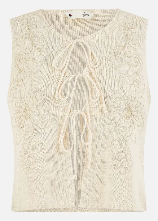 Yumi Beige Knitted Tie Front Waistcoat With Floral Details