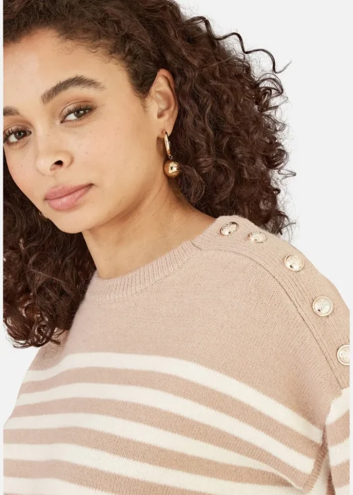 Yumi Beige Stripe Knitted Relaxed Jumper With Button Details