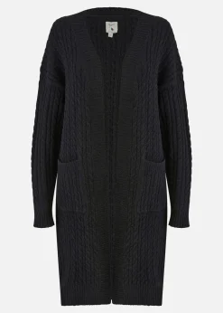 Yumi Black Cable Knit Edge to Edge Long Cardigan With Pockets