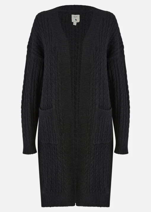 Yumi Black Cable Knit Edge to Edge Long Cardigan With Pockets