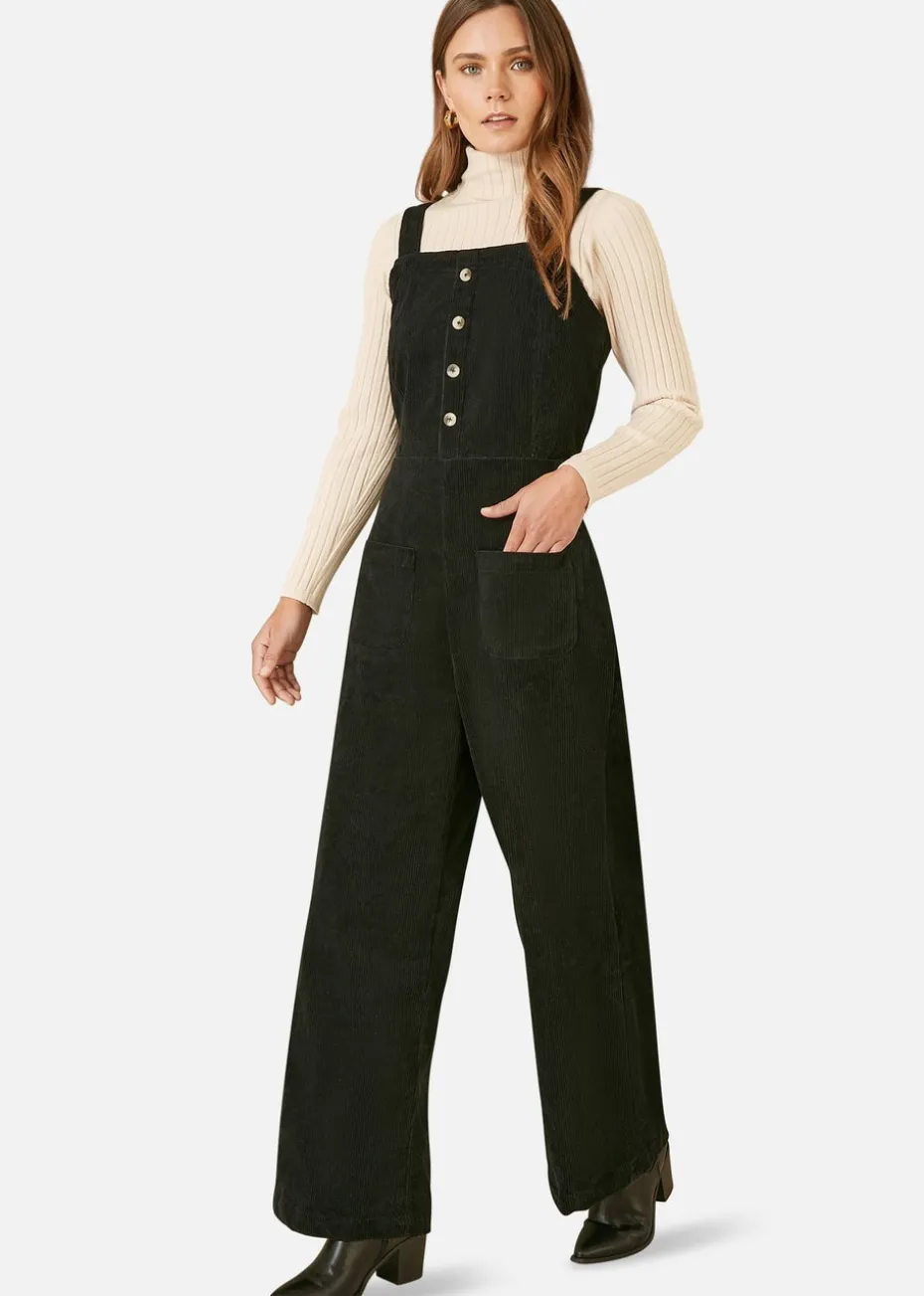 Yumi Black Cord Stretch Dungaree Style Jumpsuit