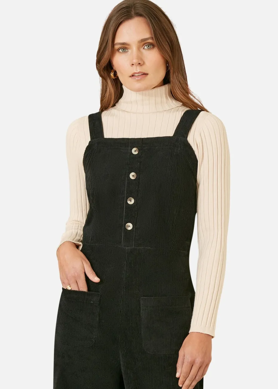 Yumi Black Cord Stretch Dungaree Style Jumpsuit