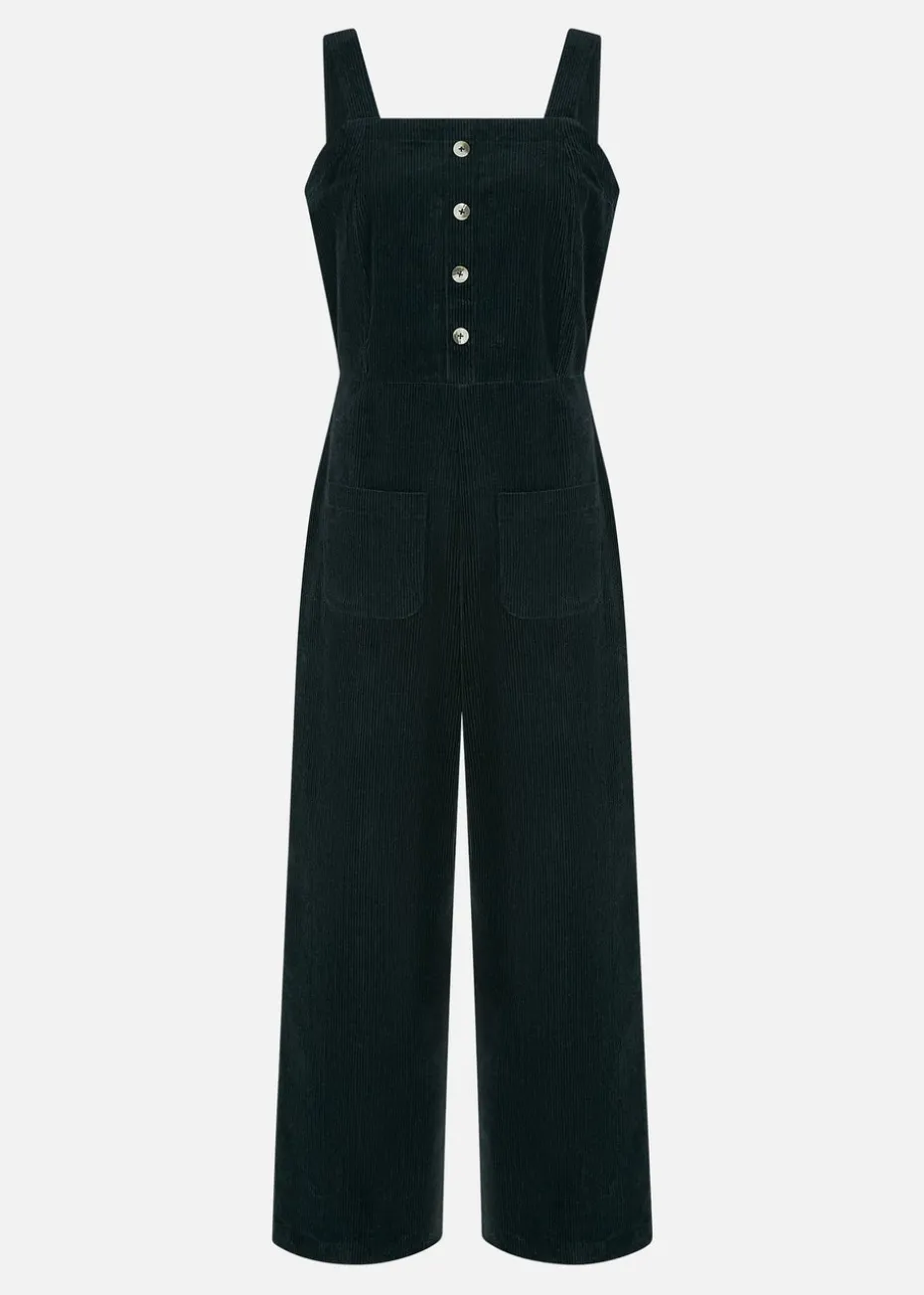 Yumi Black Cord Stretch Dungaree Style Jumpsuit