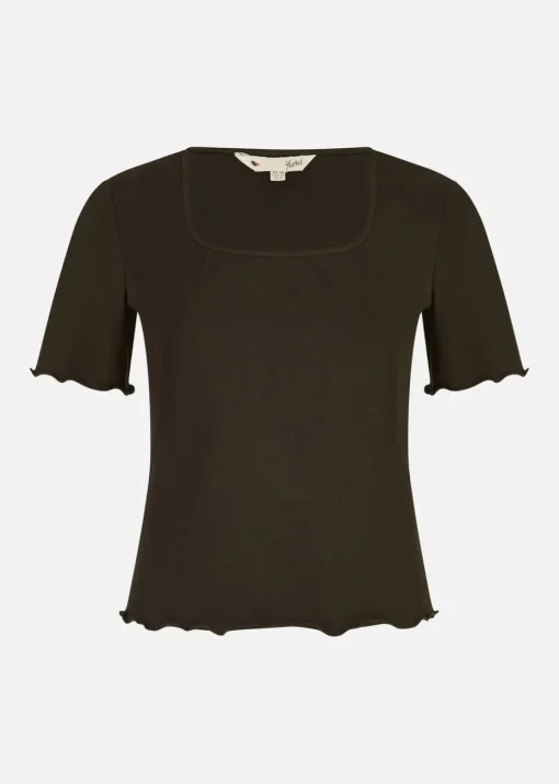 Yumi Black Cotton Jersey Lettuce Trim T-Shirt