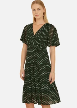 Yumi Black Dot Print Mesh Stretch Midi Skater Dress