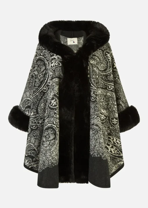 Yumi Black Faux Fur Trim Cape With Paisley Print