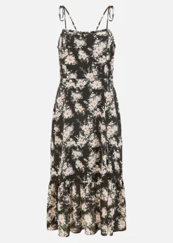 Yumi Black Floral Midi Sundress With Split Hem