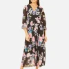 Yumi Black Floral Pleated Wrap Midi Dress
