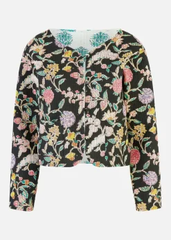 Yumi Black Floral Print Reversible Cotton Cropped Quilted Jacket