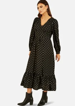 Yumi Black Foil Print Long Sleeve Midi Dress