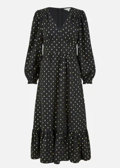 Yumi Black Foil Print Long Sleeve Midi Dress