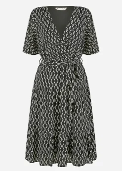 Yumi Black Geo Print Mesh Stretch Midi Skater Dress