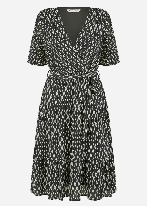 Yumi Black Geo Print Mesh Stretch Midi Skater Dress