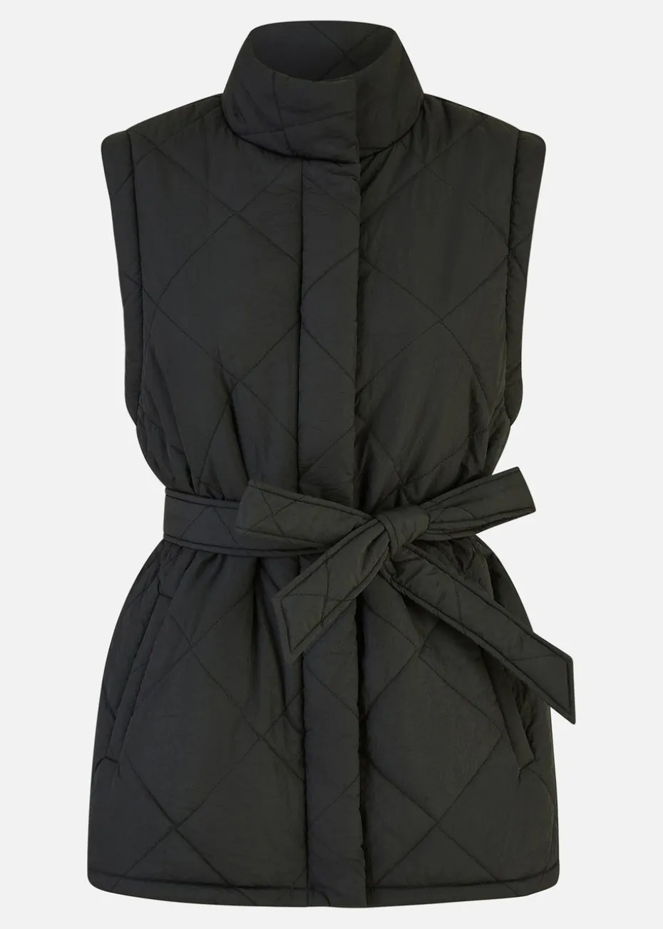 Yumi Black High Neck Quilted Gilet With Belt
