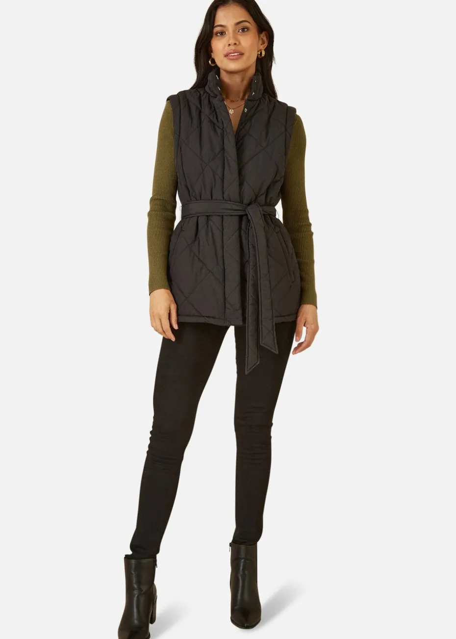 Yumi Black High Neck Quilted Gilet With Belt
