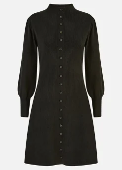 Yumi Black Knitted Button Up Midi Dress With Balloon Sleeves