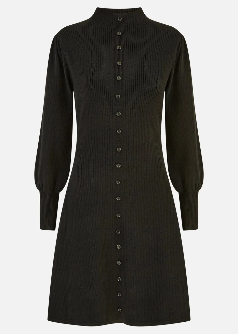 Yumi Black Knitted Button Up Midi Dress With Balloon Sleeves