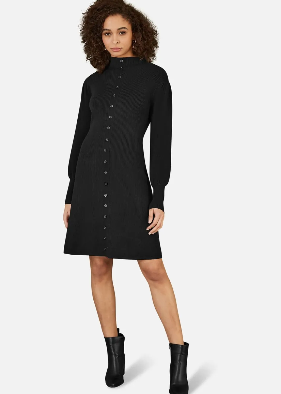 Yumi Black Knitted Button Up Midi Dress With Balloon Sleeves