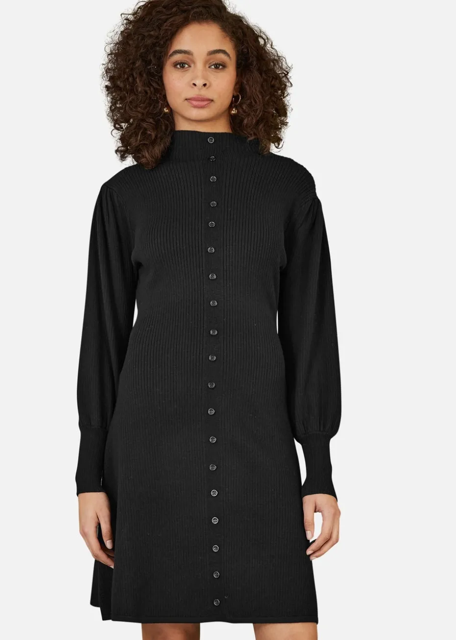 Yumi Black Knitted Button Up Midi Dress With Balloon Sleeves