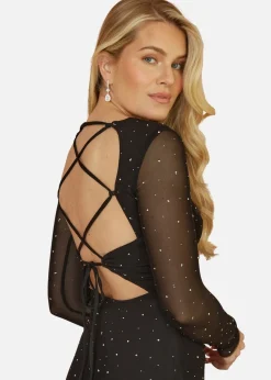 Yumi Black Mesh Bodycon Midi Dress With Tie Back and Diamantes
