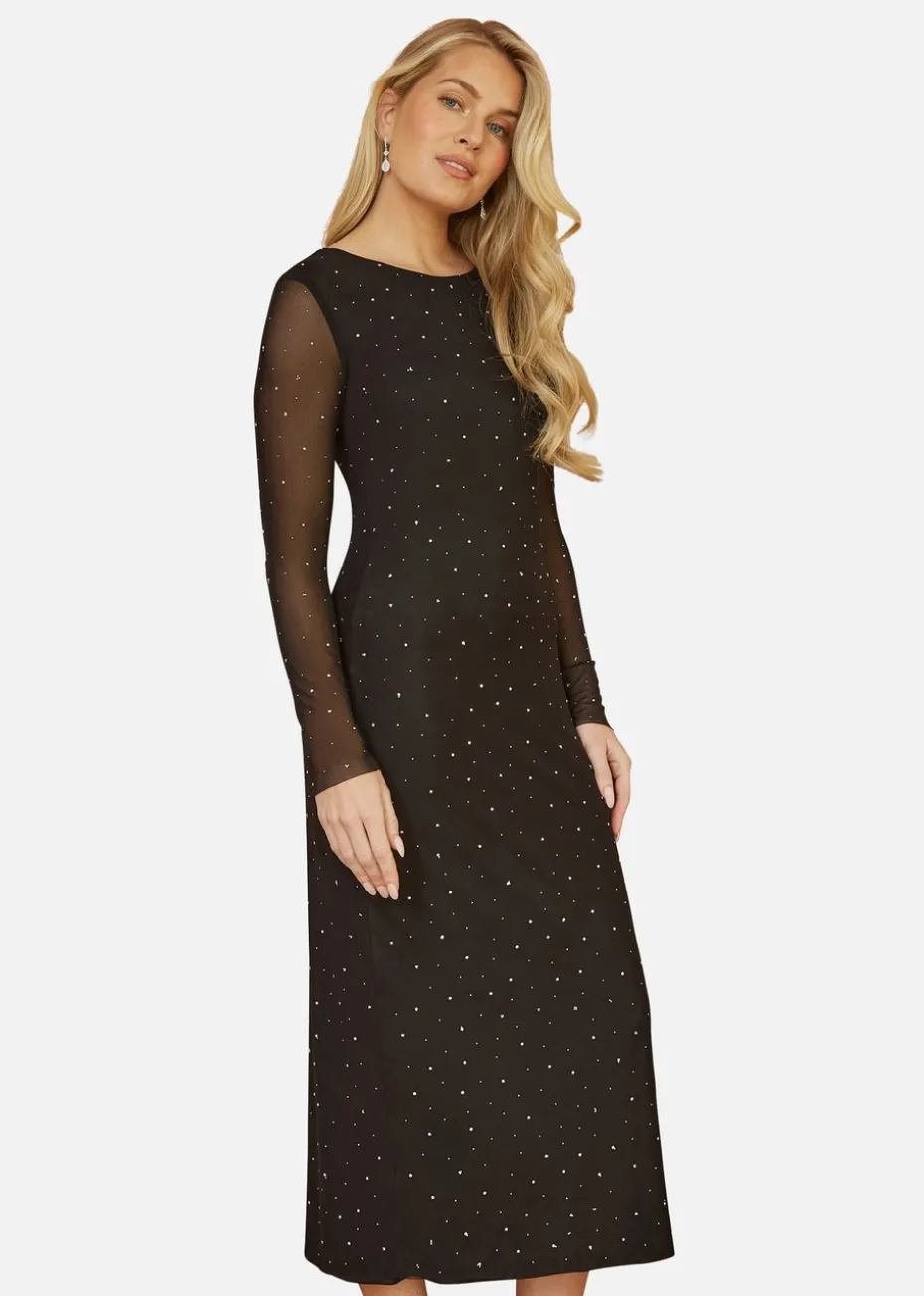 Yumi Black Mesh Bodycon Midi Dress With Tie Back and Diamantes