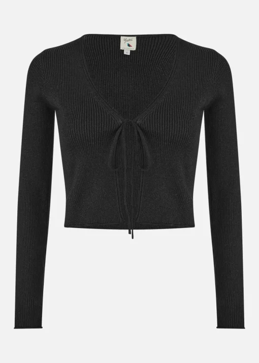 Yumi Black Metallic Knitted Ribbed Tie Front Bolero