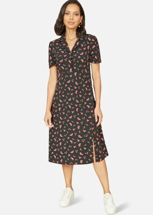 Yumi Black Recycled Watermelon Print Shirt Dress With Side Split