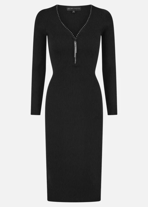 Yumi Black Rib Fitted Midi Dress With Diamante Detail Zip Neckline