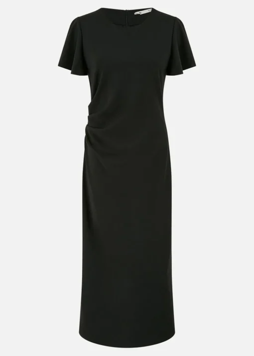 Yumi Black Ruched Waist Stretch Midi Dress