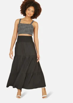 Yumi Black Ruched Waist Tiered Midi Skirt