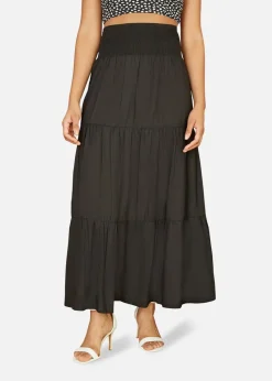 Yumi Black Ruched Waist Tiered Midi Skirt