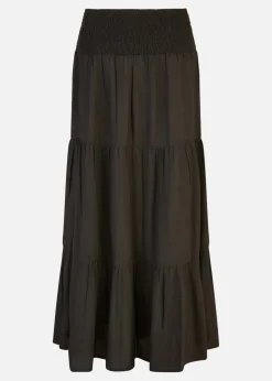 Yumi Black Ruched Waist Tiered Midi Skirt