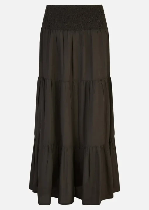 Yumi Black Ruched Waist Tiered Midi Skirt