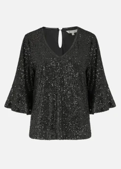 Yumi Black Sequin Top With Fluted Sleeve