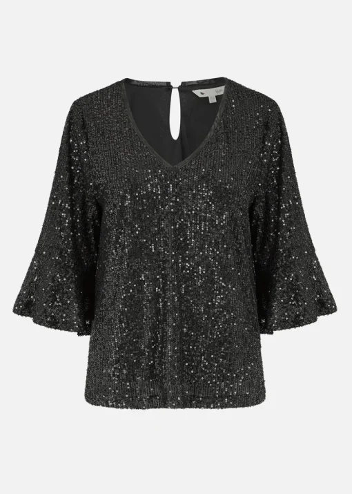 Yumi Black Sequin Top With Fluted Sleeve