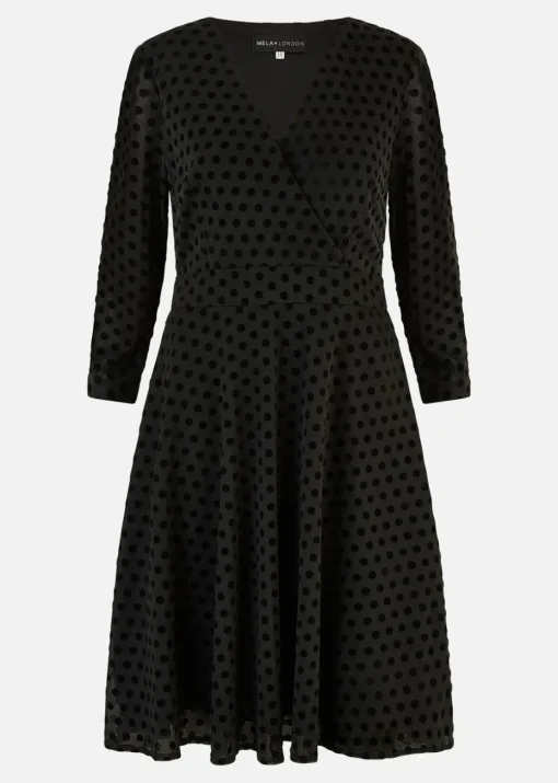 Yumi Black Velour Spot Wrap Skater Dress