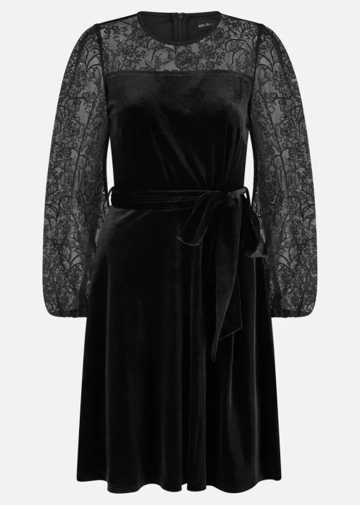 Yumi Black Velvet Skater Dress With Lace Sleeves