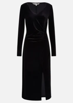 Yumi Black Velvet V Neck Fitted Ruched Midi Dress