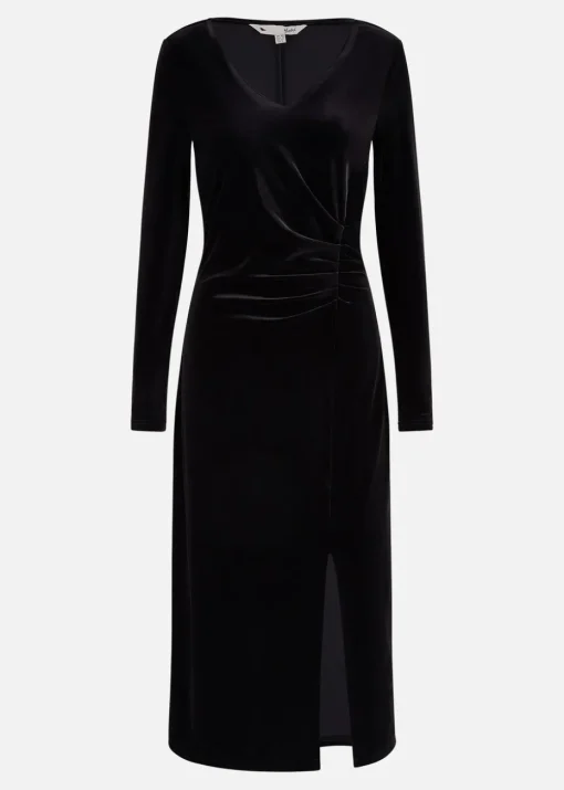 Yumi Black Velvet V Neck Fitted Ruched Midi Dress