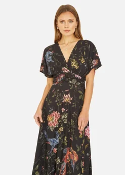 Yumi Black Viscose Bird and Floral Print Kimono Midi Dress