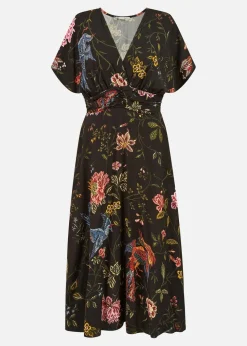 Yumi Black Viscose Bird and Floral Print Kimono Midi Dress